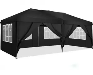 Large black outdoor event tent with side curtains