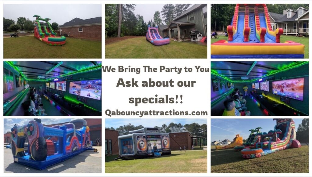 Qa Bouncy Attractions party rentals in Morrow, GA featuring inflatable water slides, obstacle course, and mobile gaming truck